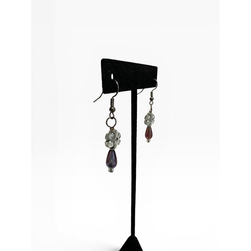 Glass Flower Drop Earrings Purple Iridescent Silver‎ Tone Floral - Picture 3 of 7